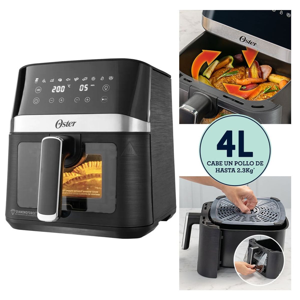 OSTER - Freidora De Aire 4L Digital Con Ventana Y Revestimiento Diamondforce