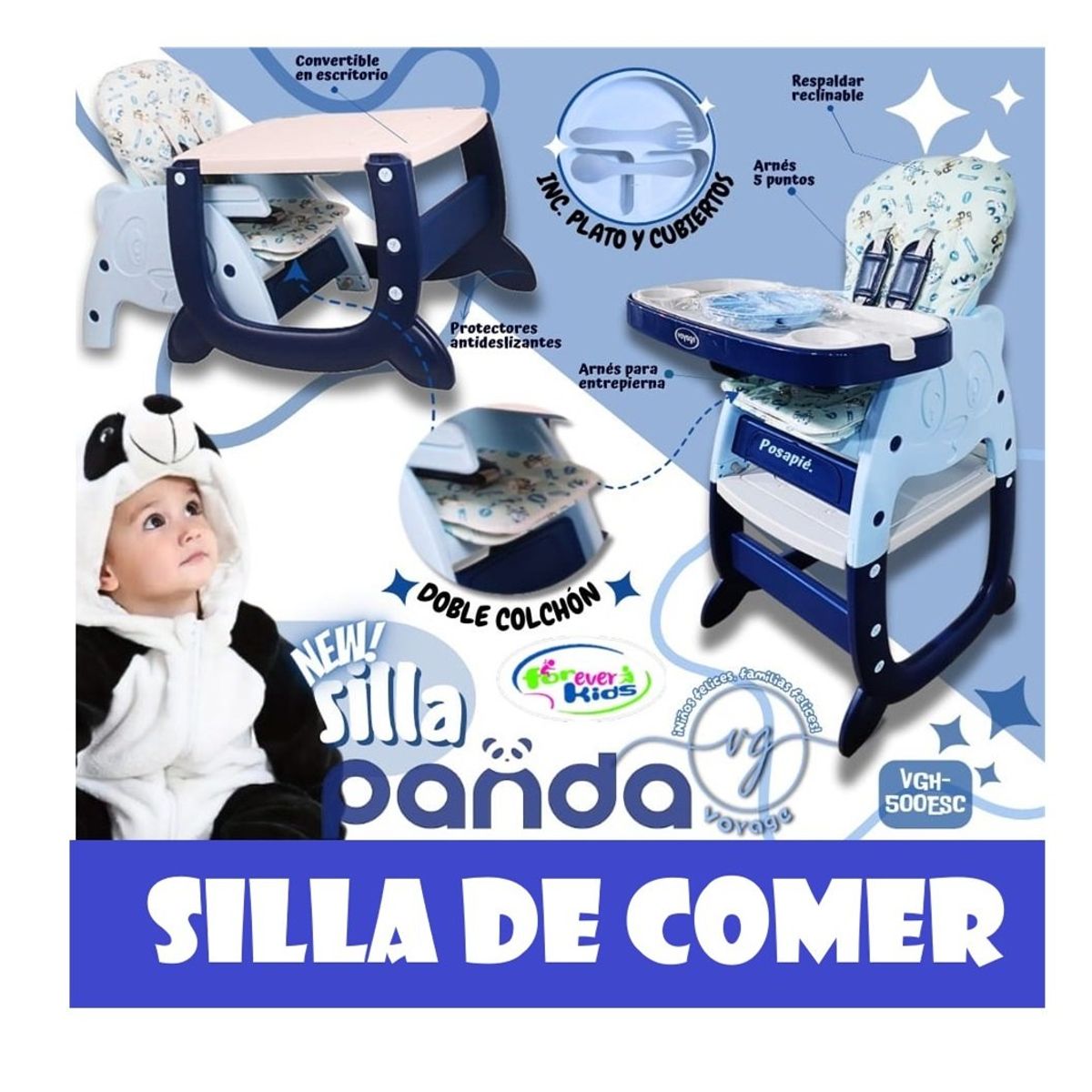 VOYAGE - Silla Carpeta Pande 3 en 1 con Plato y Cubiertos Azul