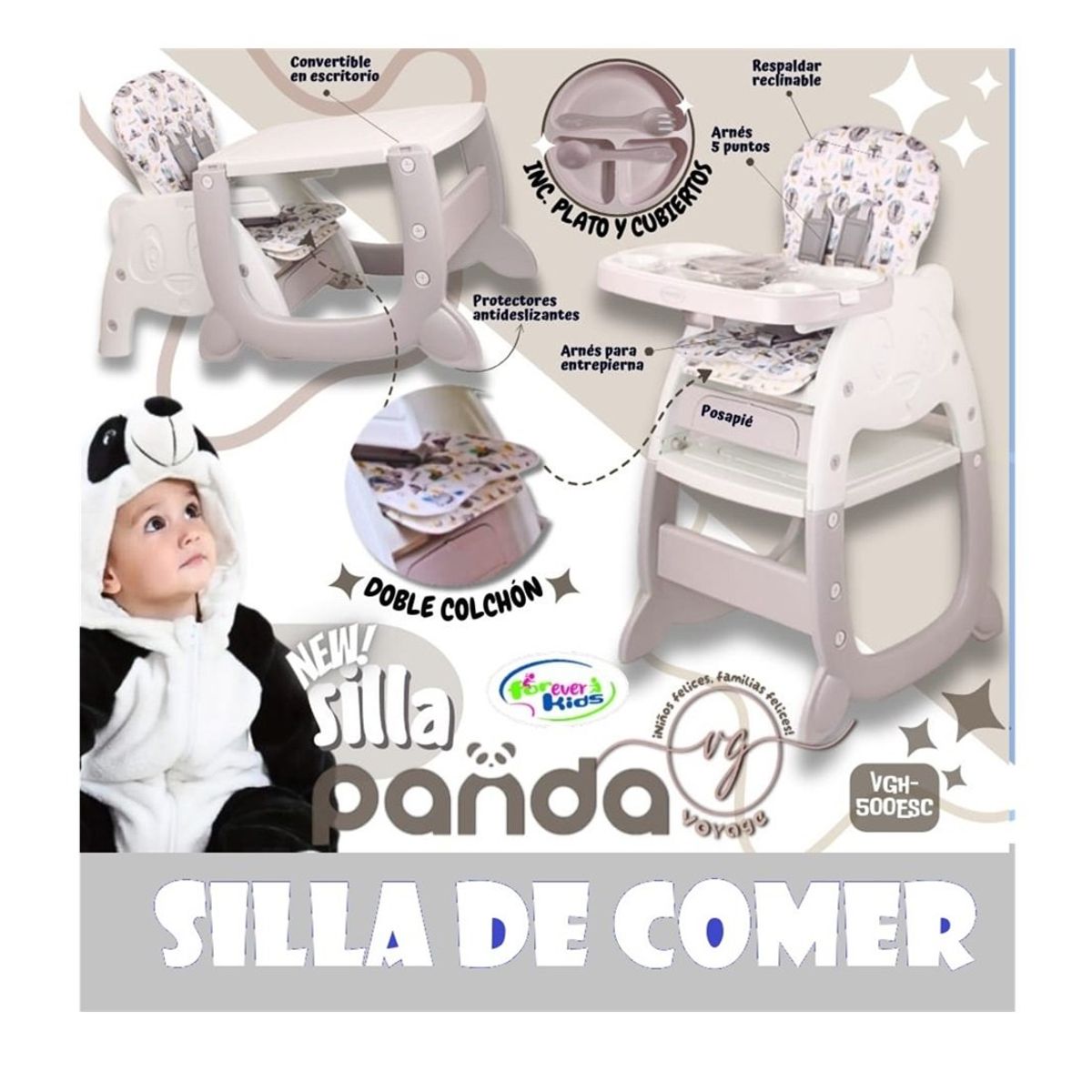 VOYAGE - Silla Carpeta Pande 3 en 1 con Plato y Cubiertos Plomo