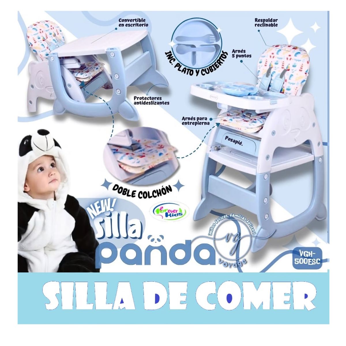VOYAGE - Silla Carpeta Pande 3 en 1 con Plato y Cubiertos  Celeste