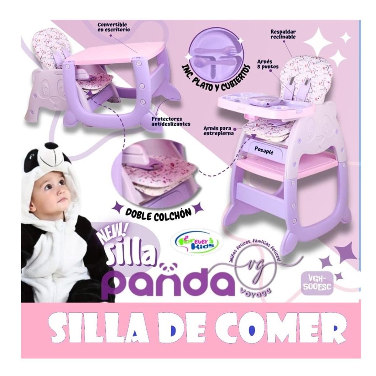 VOYAGE - Silla Carpeta Pande 3 en 1 con Plato y Cubiertos Morado