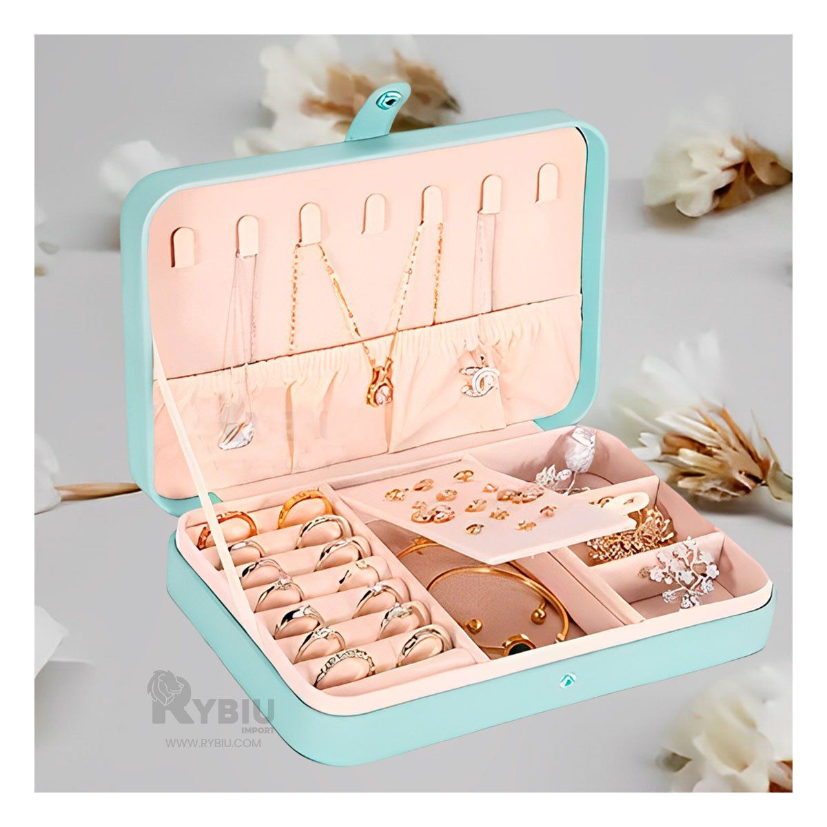 RYBIU IMPORT - Estuche Resistente para Joyas Celeste Y+Banderitas Adhesivas