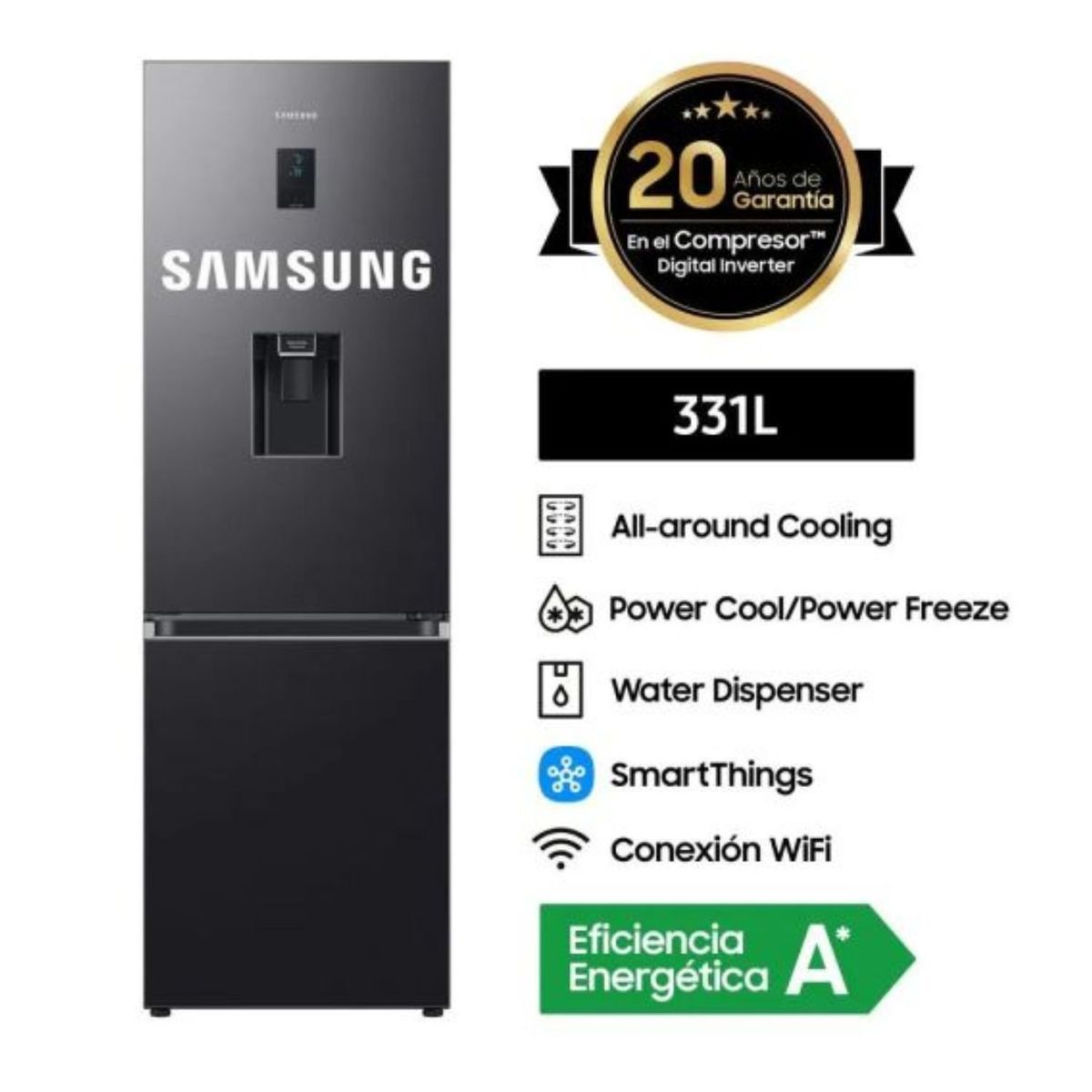 SAMSUNG - Refrigeradora Samsung Bottom Freezer  C/Dispensador 331L - Negro