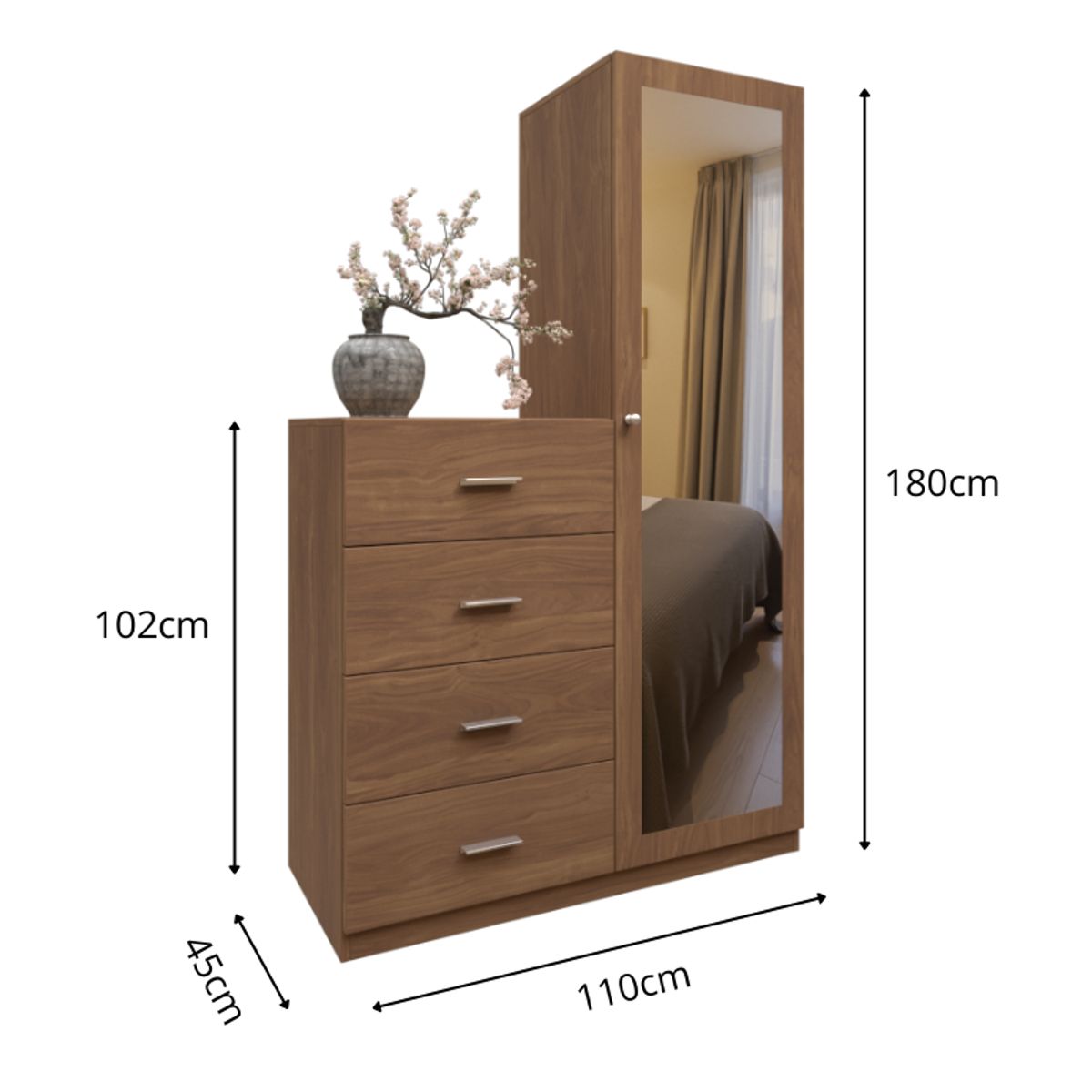 MUEBLES MACRUMO - Ropero de 4 cajones + espejo 110cm - Color Pignetto