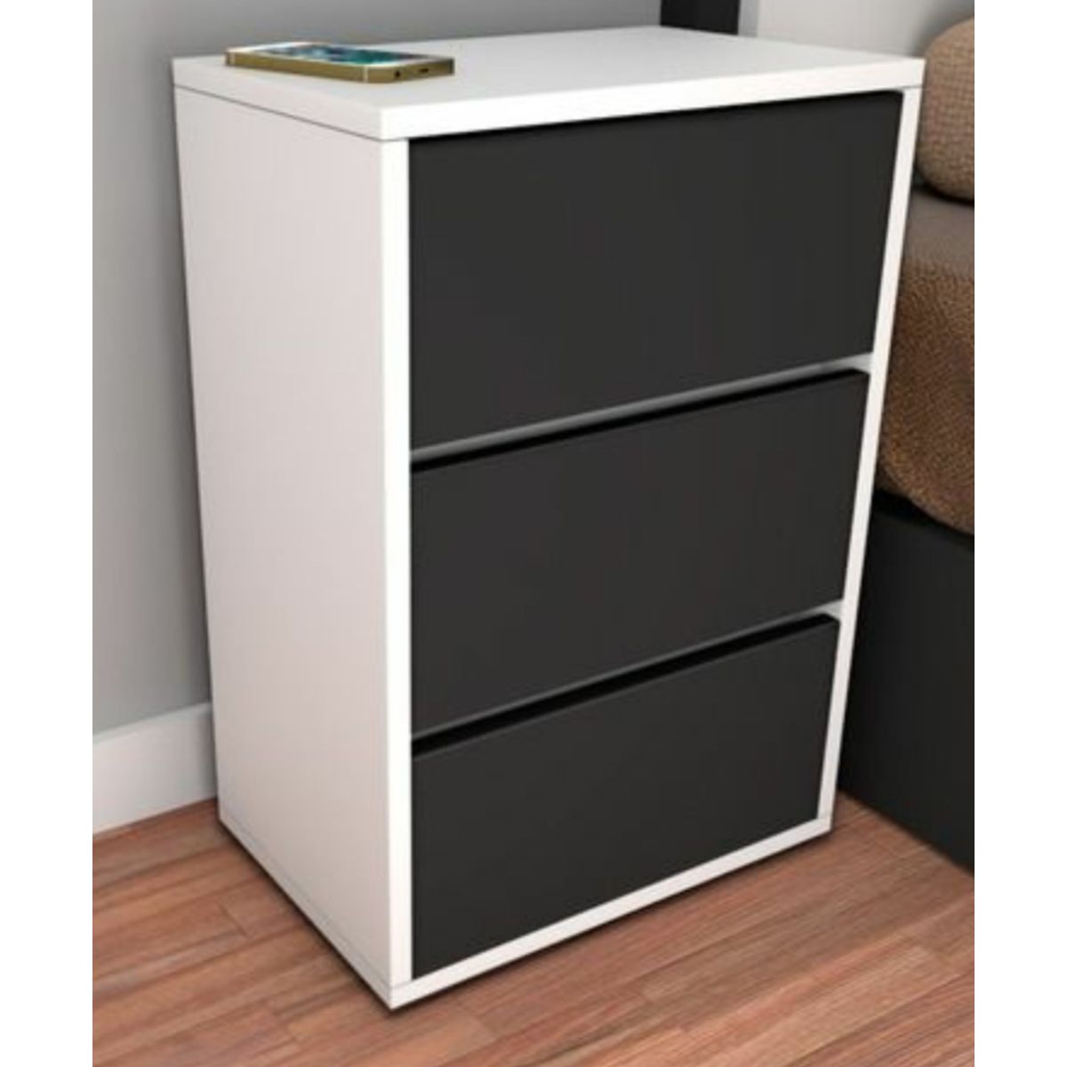 GENERICO - Velador Moderno Kami 3 Cajones Blanco con Negro R&R Muebles