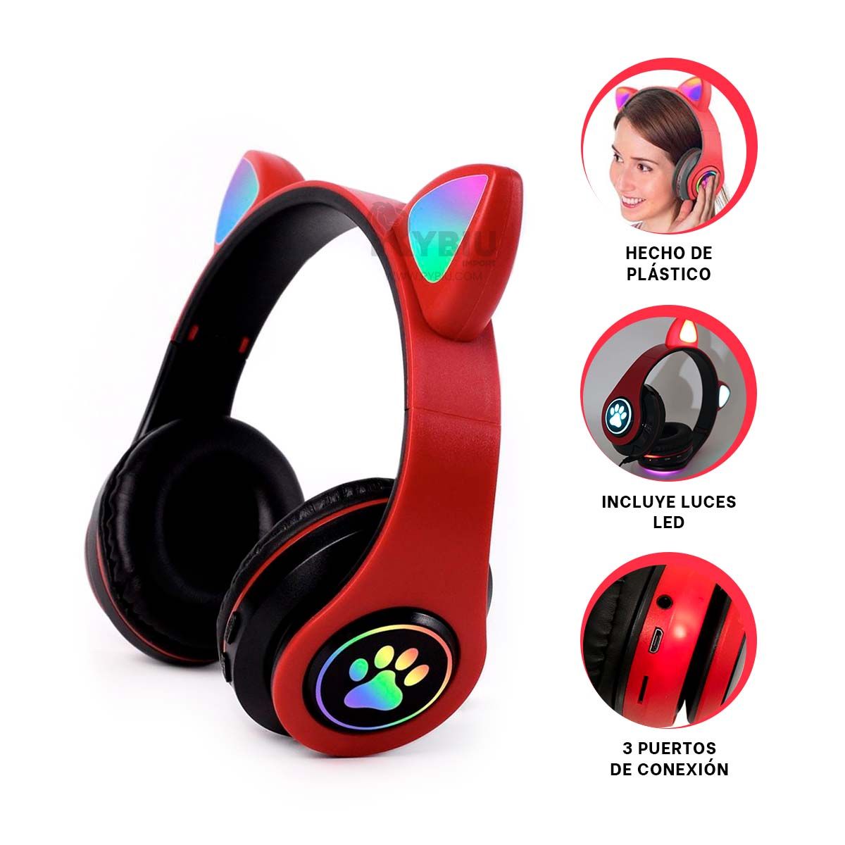 RYBIU IMPORT - Auriculares Luminosos en Color Rojo Y+Envoltorio de Regalo