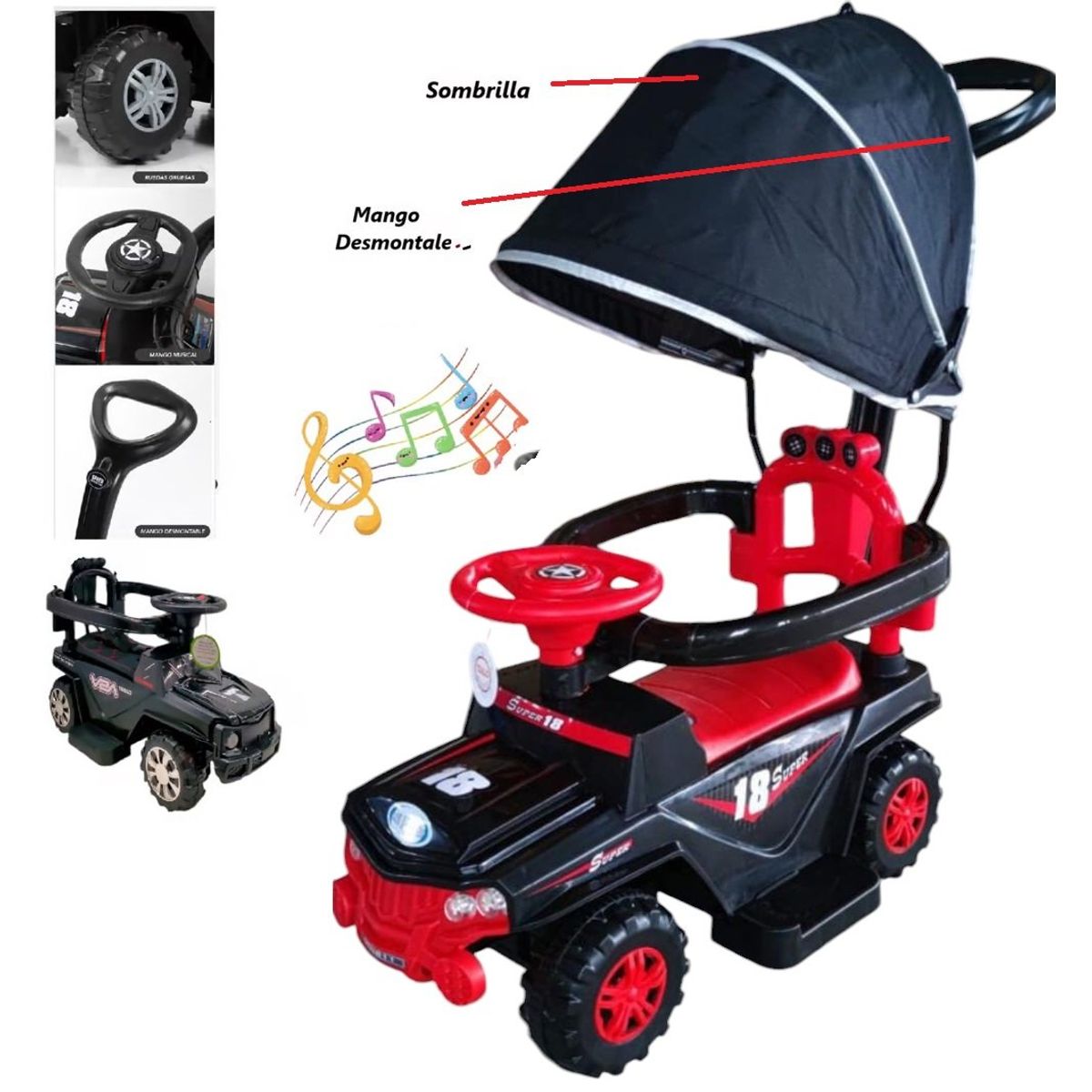 GENERICO - Carro guiador con Sombrilla Musical 3 en 1 Negro