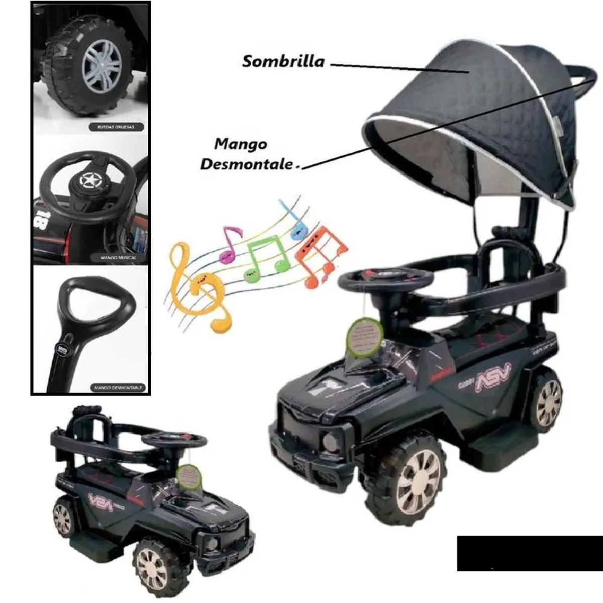 GENERICO - Carro guiador con Sombrilla Musical 3 en 1 Negro