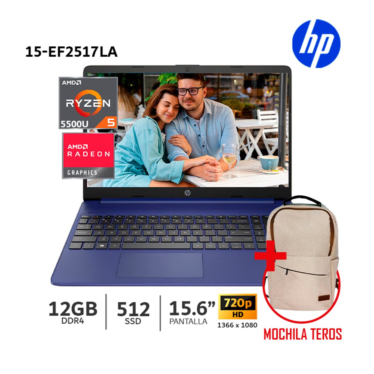 HP - Laptop HP 15-ef2517la, AMD Ryzen 5 5500U/15.6” HD/6 Núcleos/12Gb Ram/512Gb SSD-7H9U4LA+Mochila Teros