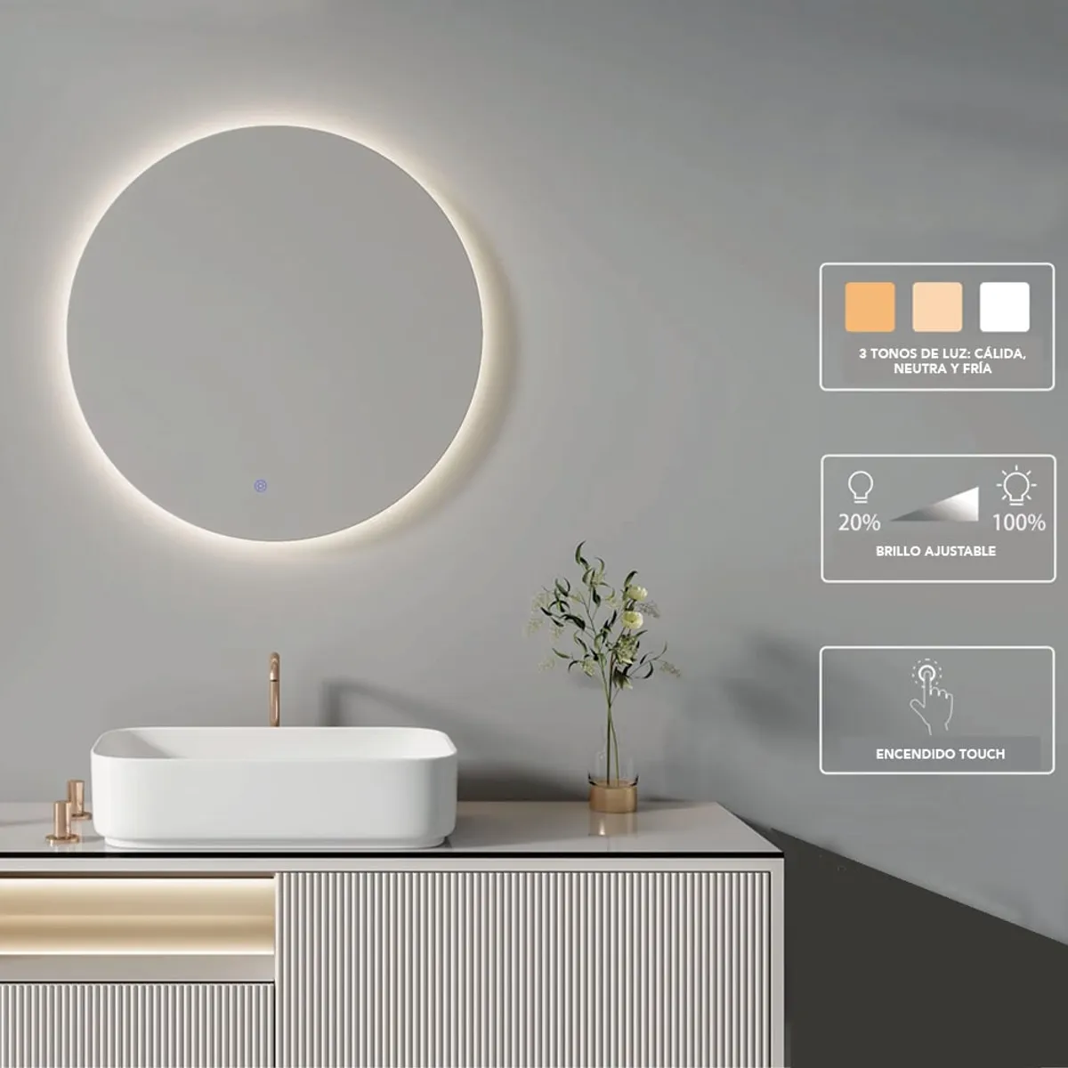 GENERICO - Espejo led tres tonos circular 80x80cm