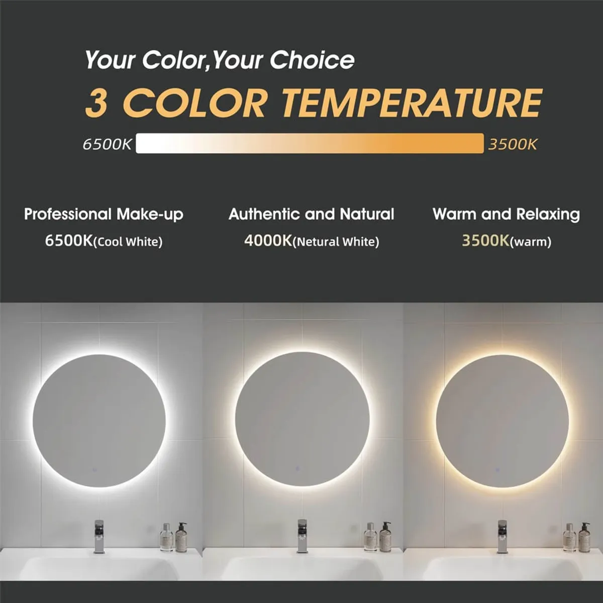 GENERICO - Espejo led tres tonos circular 80x80cm