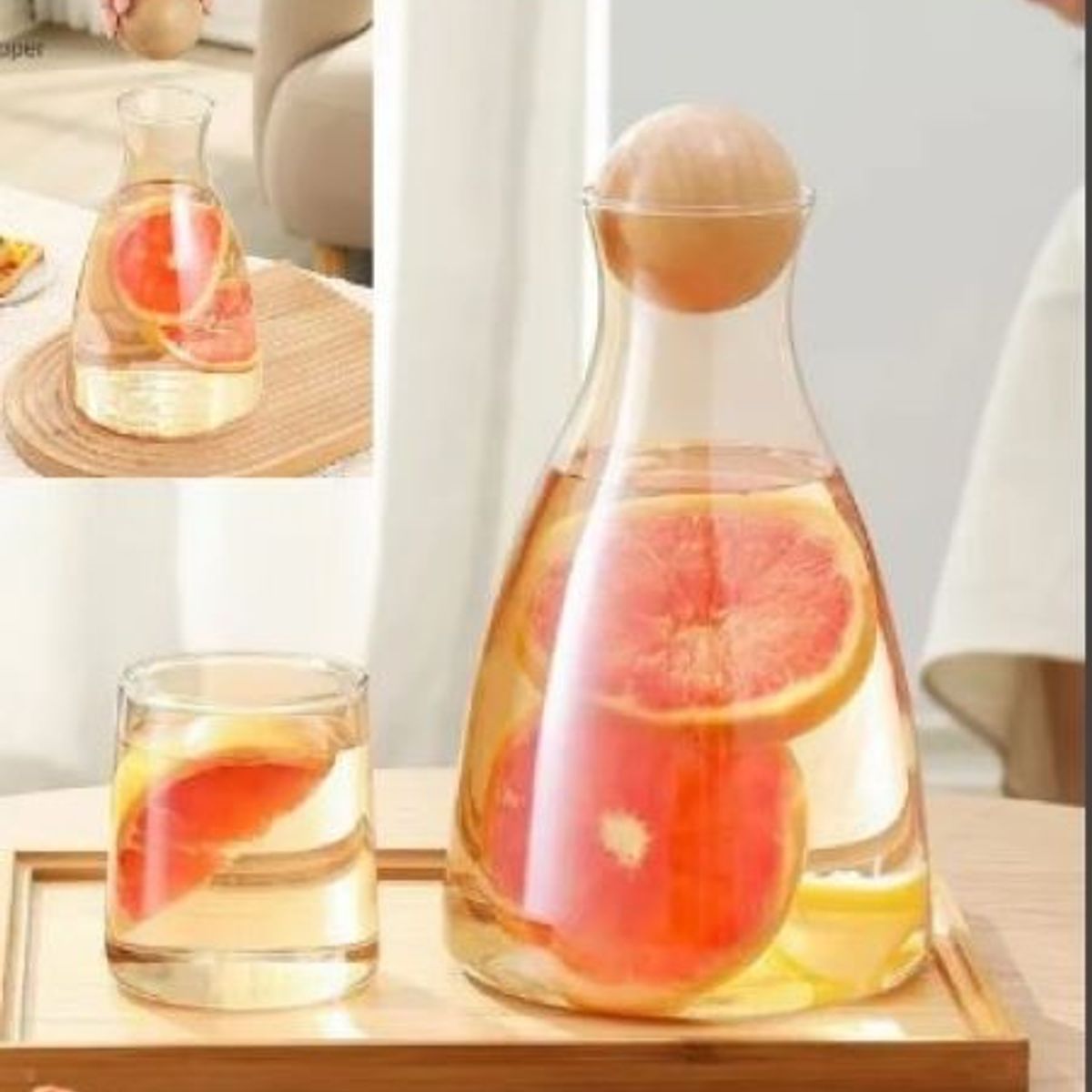 GENERICO - Set Jarra Aesthetic + 6 Vasos en vidrio Traslucido Dorado