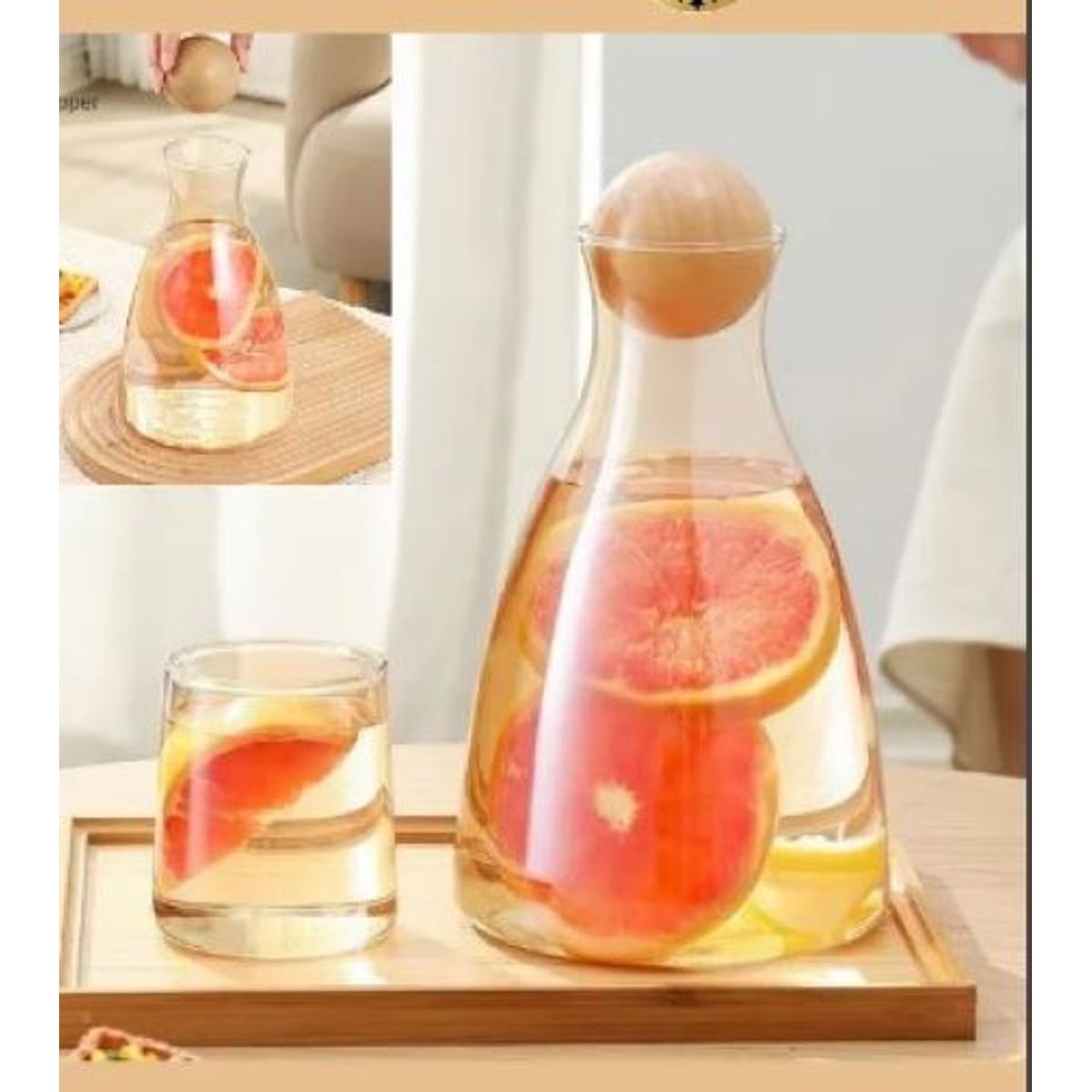 GENERICO - Set Jarra Aesthetic + 6 Vasos en vidrio Traslucido Dorado