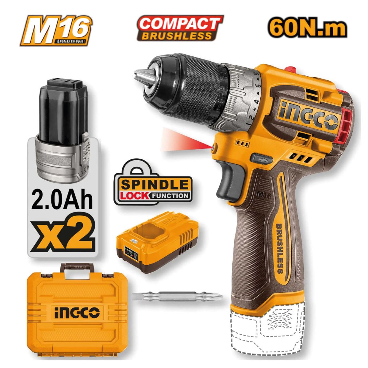 INGCO TOOLS - TALADRO ATORNILLADOR INALÁMBRICO BRUSHLESS INGCO 16V CDLI16682