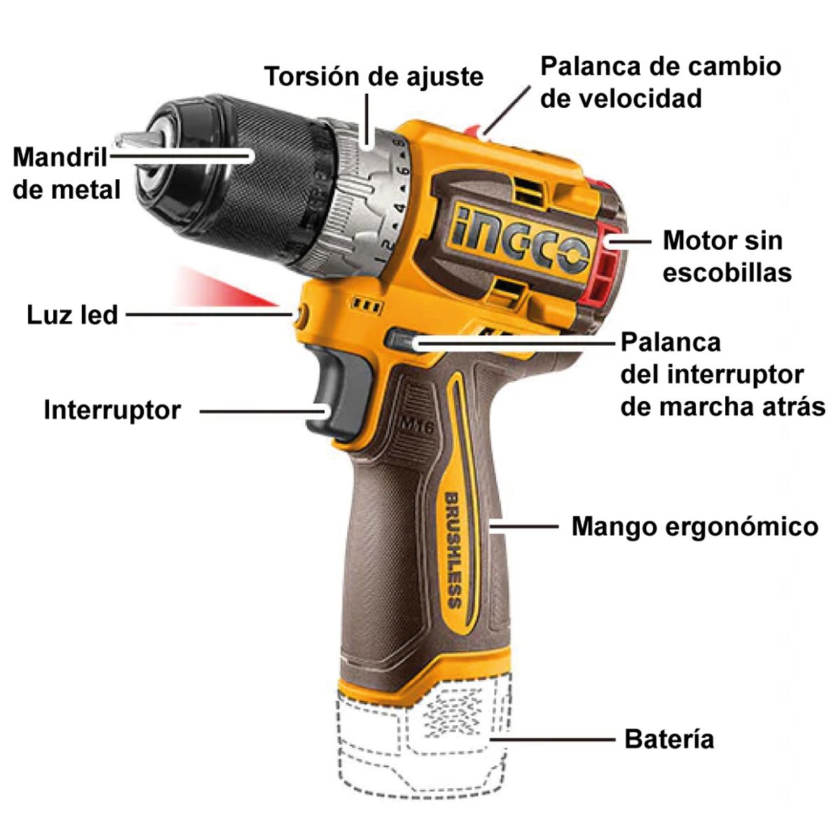 INGCO TOOLS - TALADRO ATORNILLADOR INALÁMBRICO BRUSHLESS INGCO 16V CDLI16682