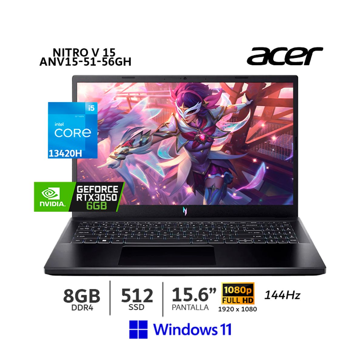 ACER - ACER Nitro V15 ANV15-51-56GH Ci5 13420H/ 8Gb Ram/ 512GB SSD/ V. Nvidia RTX 3050 6GB/ 15.6”FHD W.11