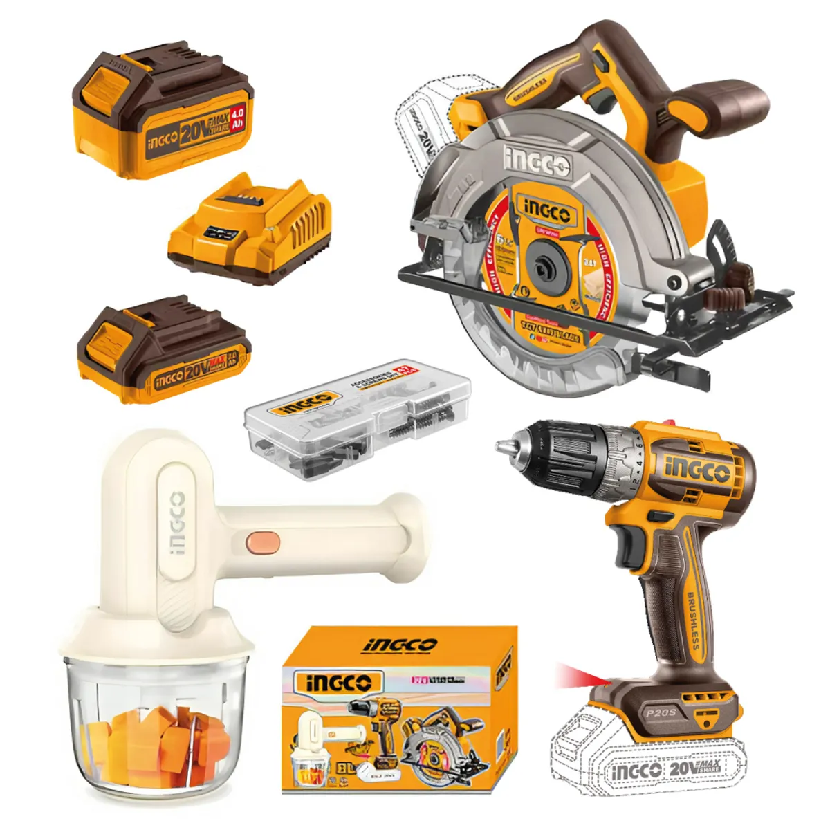 INGCO TOOLS - Kit Brushless Sierra Circular + Atornillador 20v+ Batidora COSLI240583