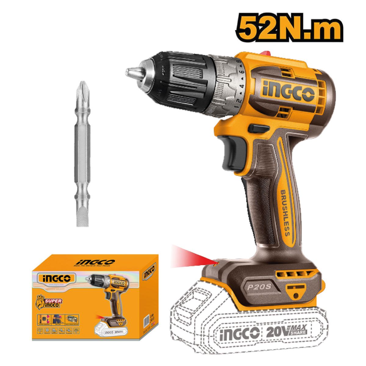 INGCO TOOLS - Taladro Atornillador Inalámbrico Brushless Ingco 20V 52 NM CDLI204531