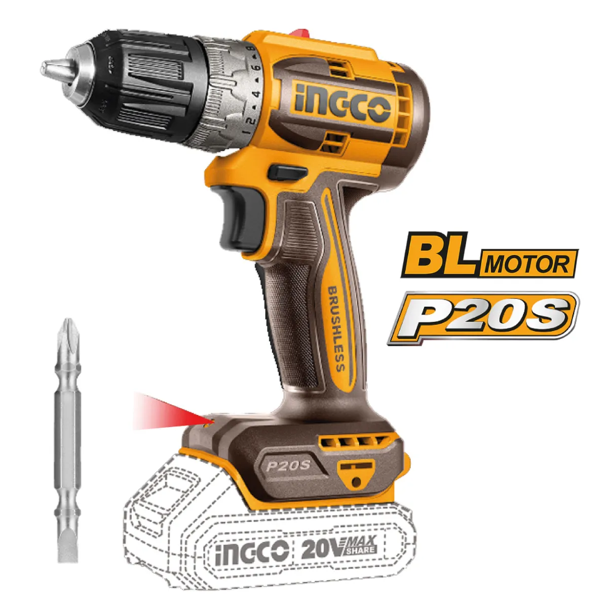 INGCO TOOLS - Taladro Atornillador Inalámbrico Brushless Ingco 20V 52 NM CDLI204531