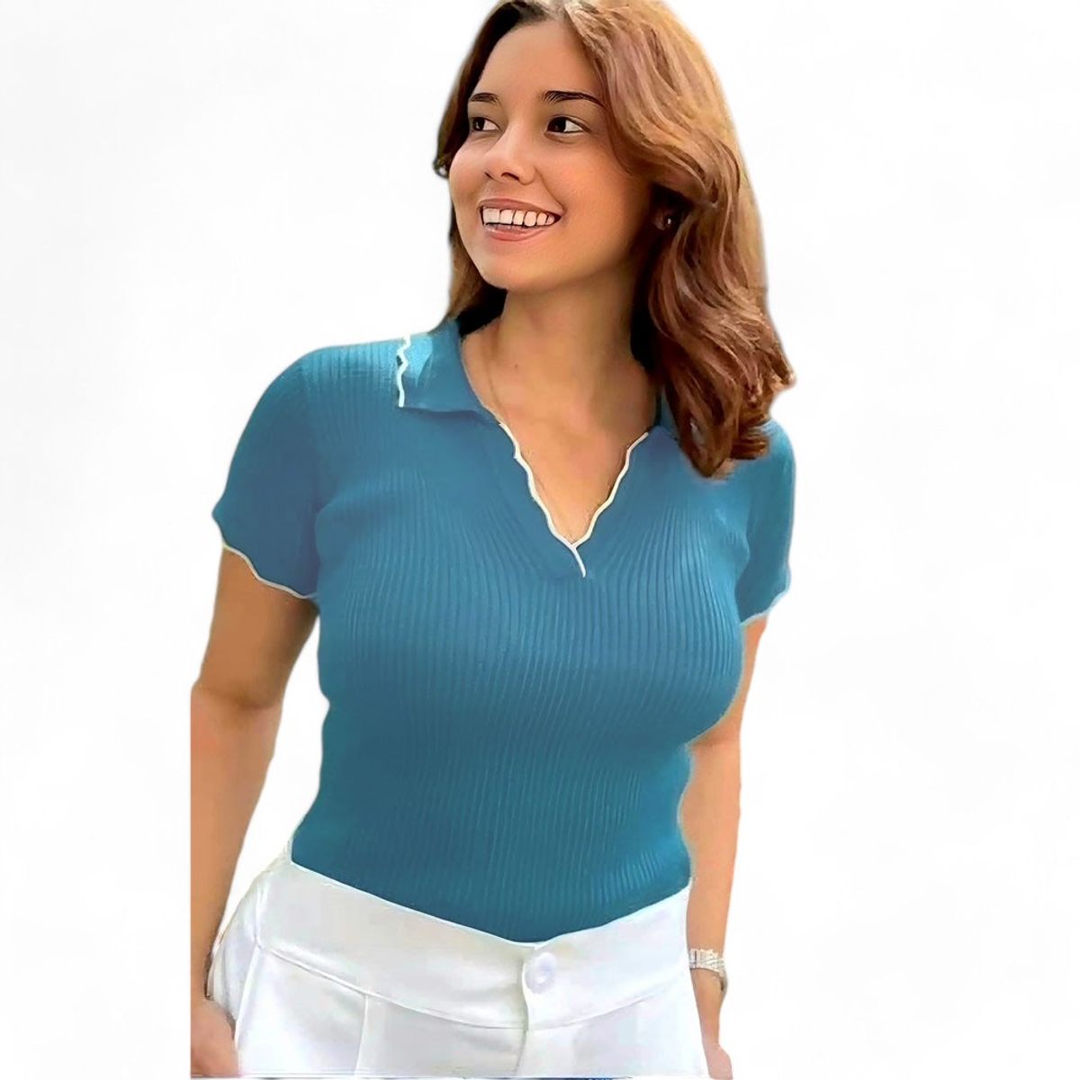 GENERICO - Sueter Mujer Hilo Cuello Camisero Gui359-20 Color Celeste