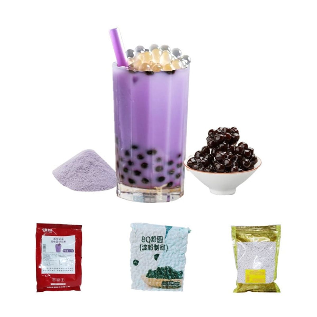 GENERICO - Pack Bubble Tea 3u Taro y Perlas de Tapioca Negro y Blanco
