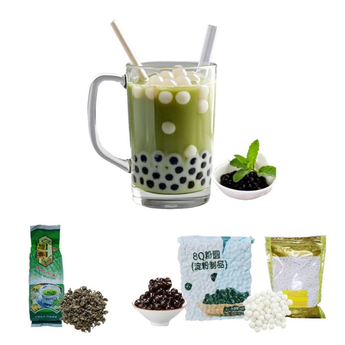 GENERICO - Pack Bubble Tea 3u Te Verde y Perlas Tapioca Negro y Blanco