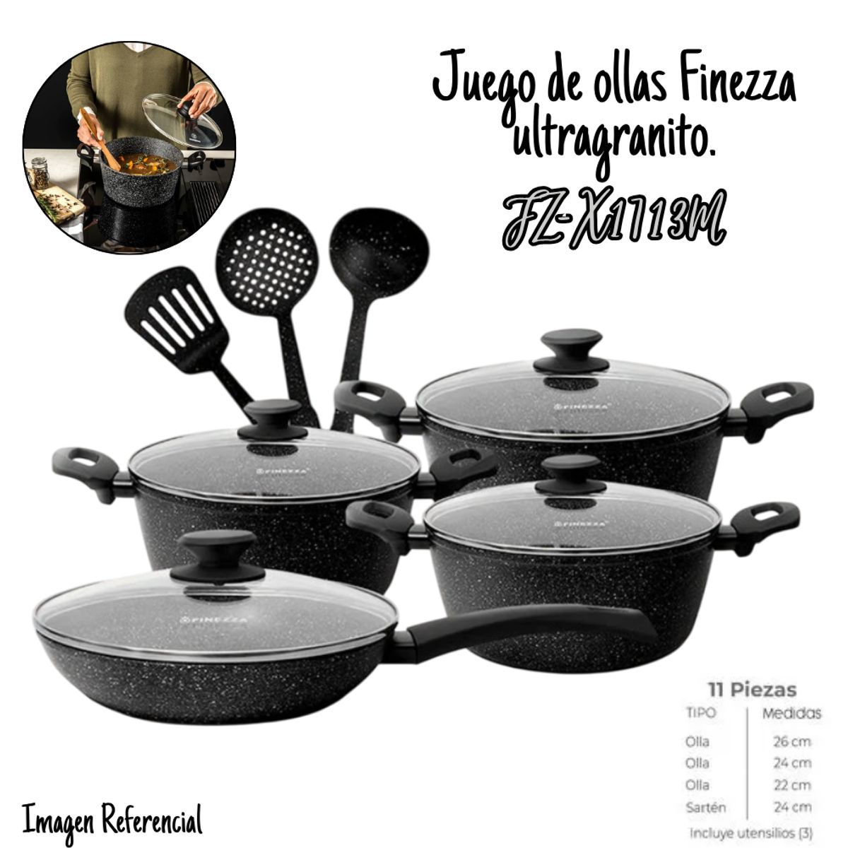 FINEZZA - Juego de Ollas Finezza Antiadherente de 11 Pzs Ultra Granito FZ-X1713M