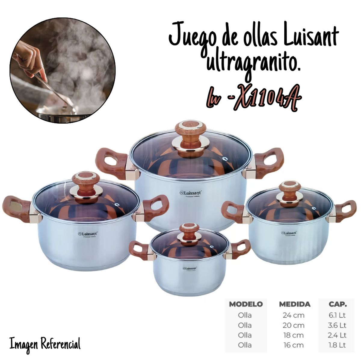 LUISSANT - Juego De Ollas Luissant 8 Pzs Marrón LU-1104-IN