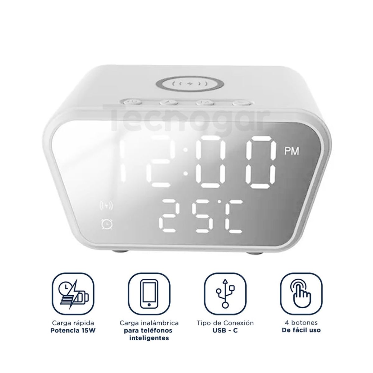 GENERICO - Cargador Inalámbrico con Reloj Despertador Alarma y Temperatura 3 en 1