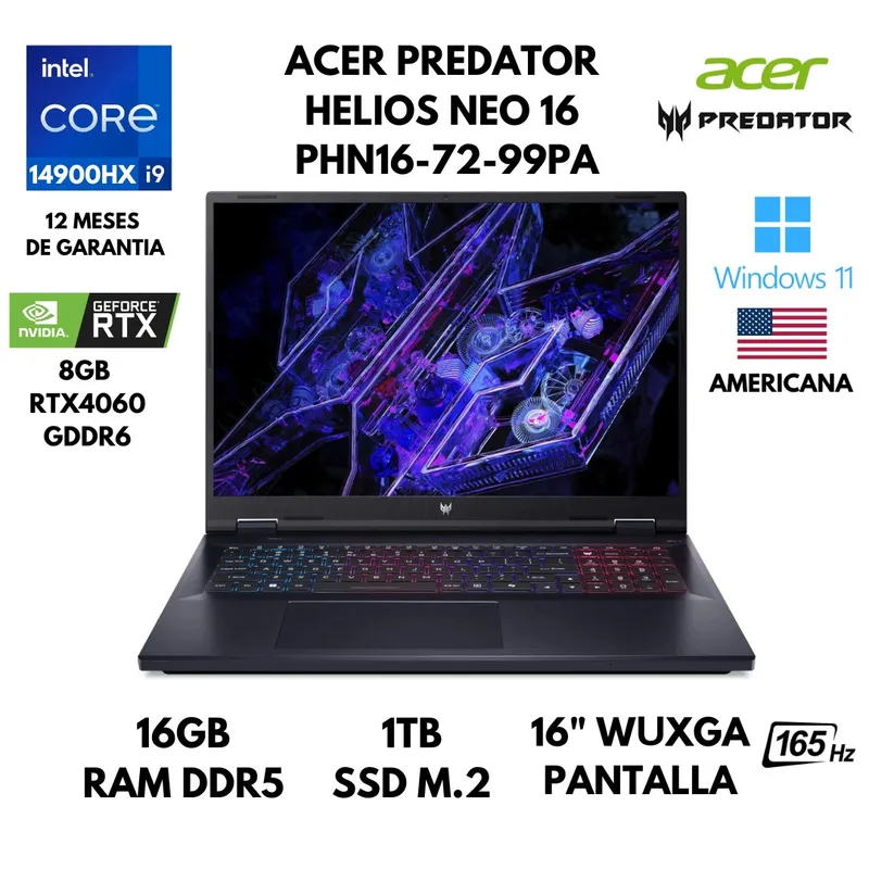 ACER - LAPTOP ACER PREDATOR HELIOS NEO 16 CORE I9-14900HX 16GB RAM 1TB SSD 8GB RTX4060 16" WIN 11 AMERICANA