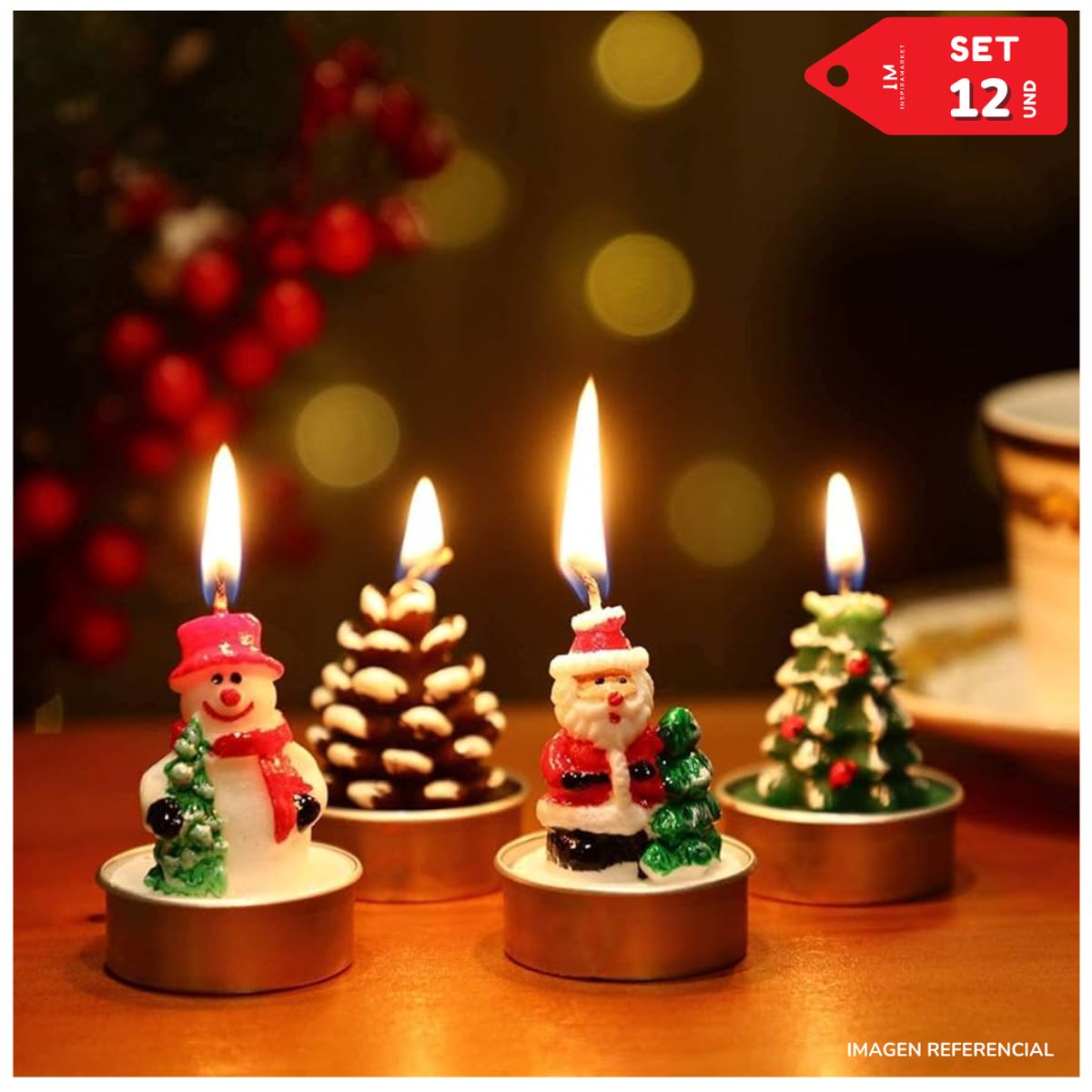 INSPIRA MARKET - Set de 12 Mini Velas Decorativas Navideñas con Figuras Aleatorias