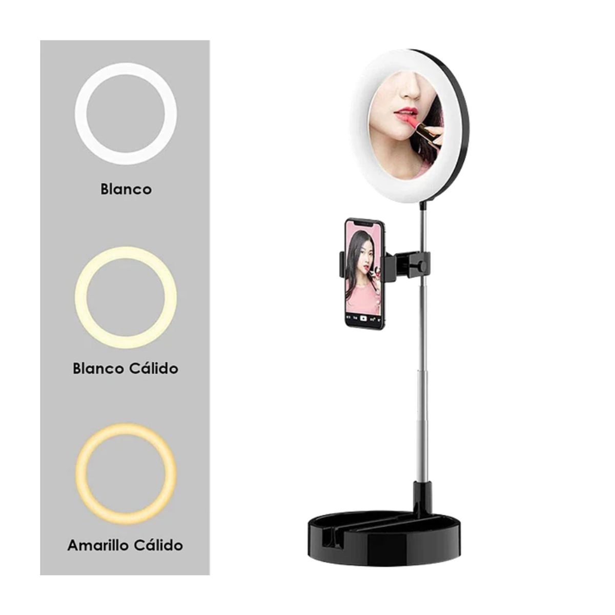SEISA - Espejo Con Aro Luz Led Selfie Soporte Celular Streamers Maquillaje