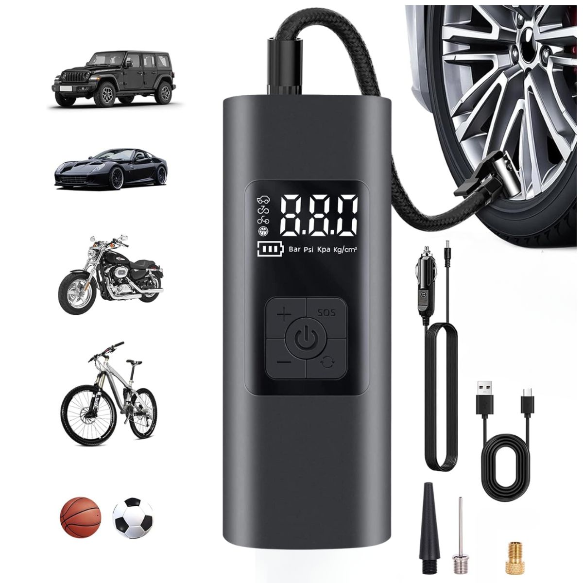 SEISA - Compresor Portátil Inflador De Llantas Auto Moto Pelota 60W