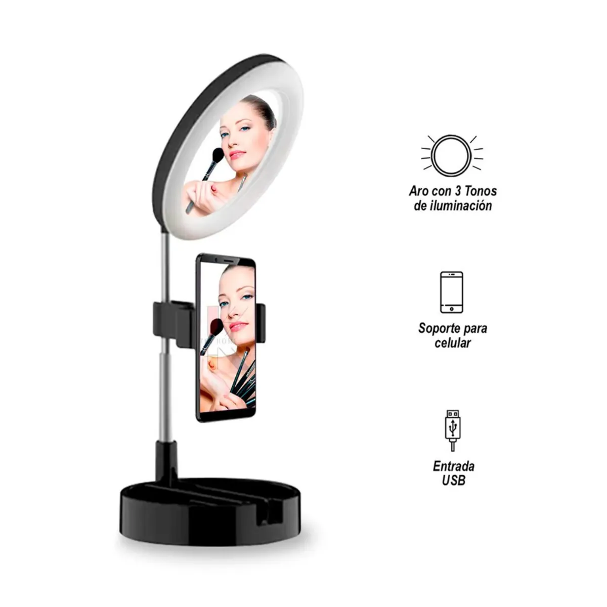 SEISA - Espejo Con Aro Luz Led Selfie Soporte Celular Streamers Maquillaje