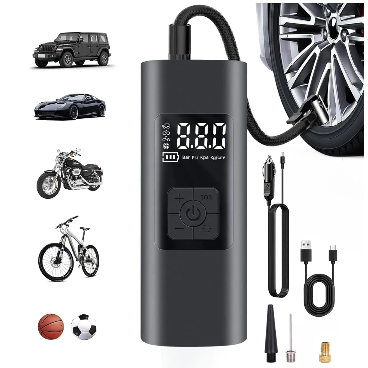 SEISA - Compresor Portátil Inflador De Llantas Auto Moto Pelota 60W