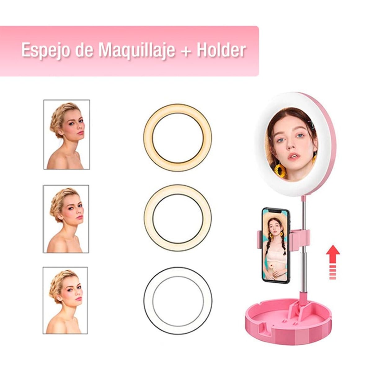 SEISA - Espejo Con Aro Luz Led Selfie Soporte Celular Streamers Maquillaje
