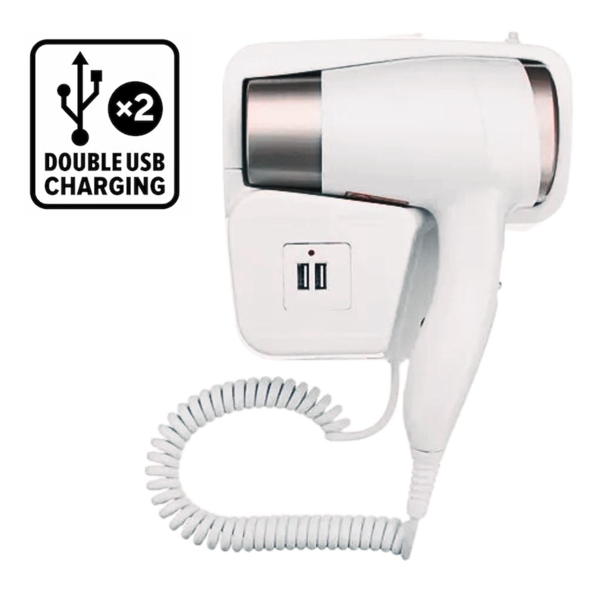 SEISA - Secadora de Cabello para Baño y Habitación con Soporte de Pared y Cargador 5V USB - Blanco