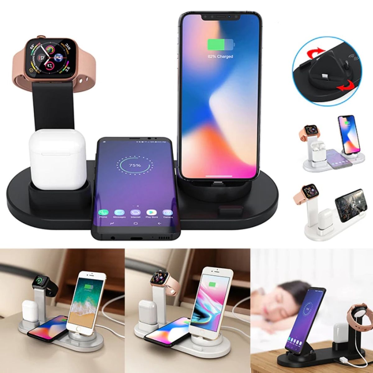 GENERICO - Cargador Inalámbrico 3 en 1 Carga Rapida Airpods para Android y iPhone