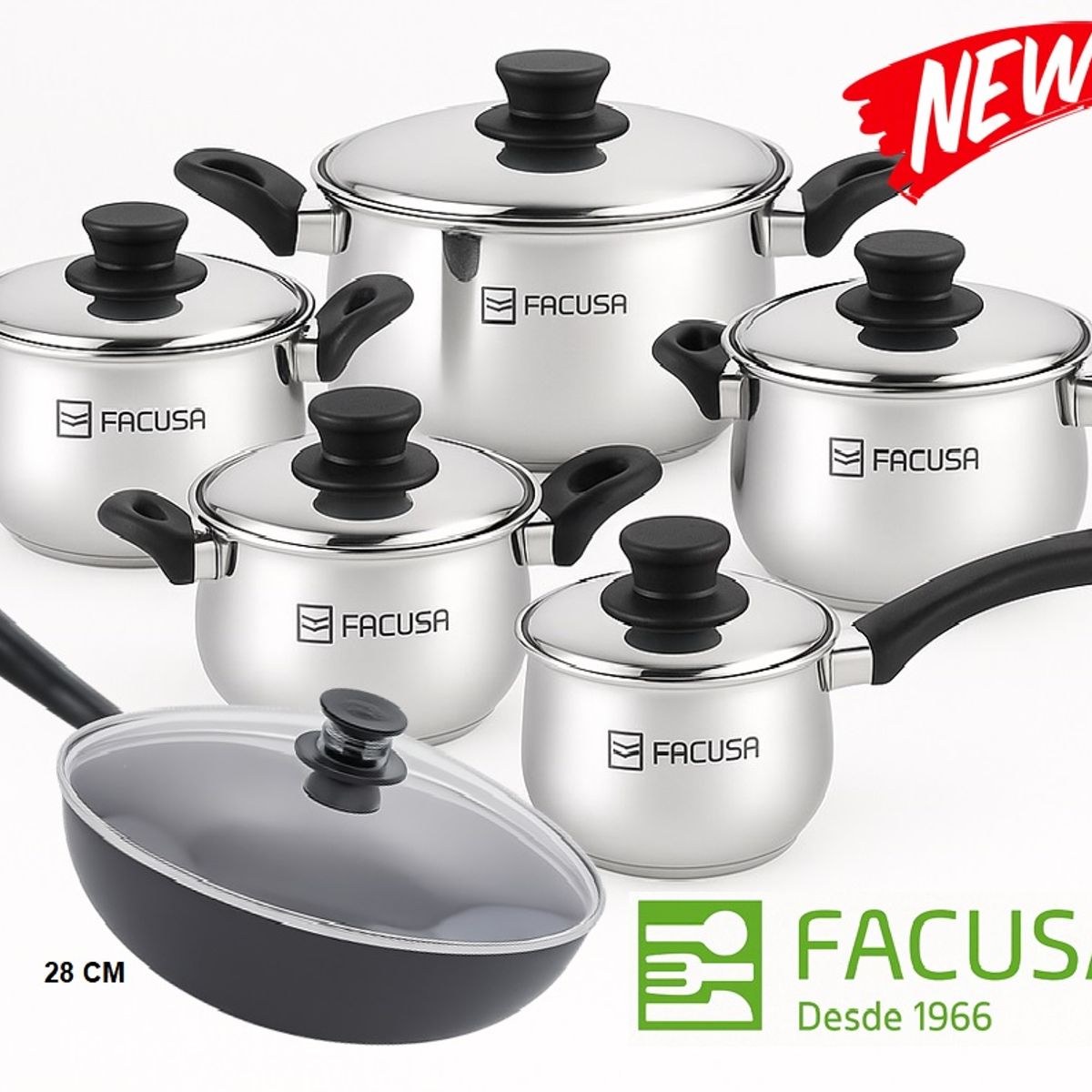 FACUSA - Juego de ollas 10 Piezas  Acero Inoxidable con tapa de vidrio Facusa