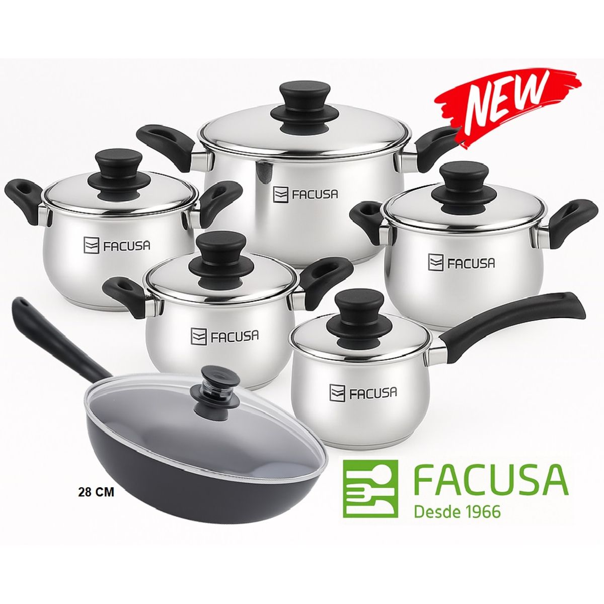 FACUSA - Juego de ollas 10 Piezas  Acero Inoxidable con tapa de vidrio Facusa