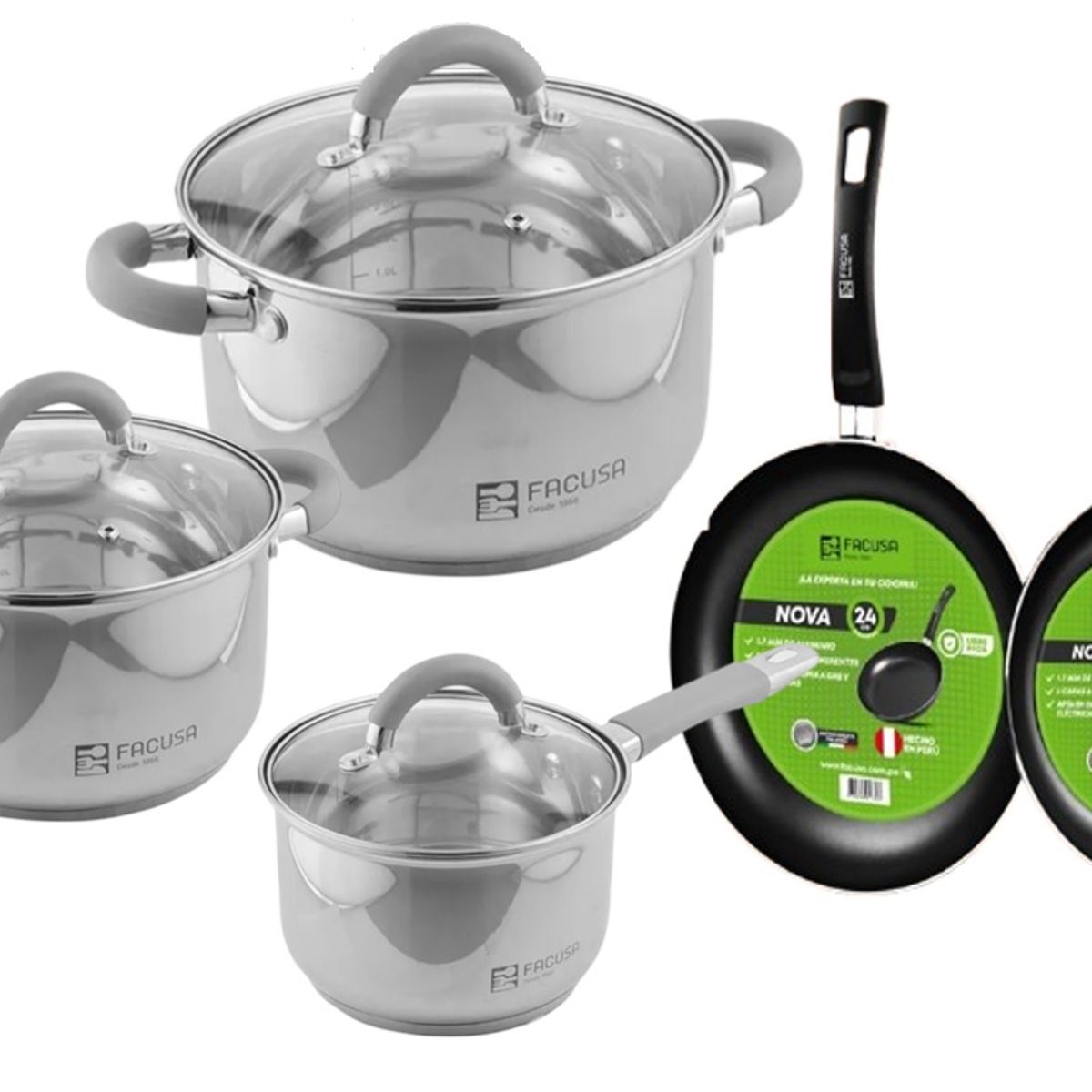 FACUSA - Juego de Ollas Acero Inox  Facusa Obsequio sartenes Antihaderente