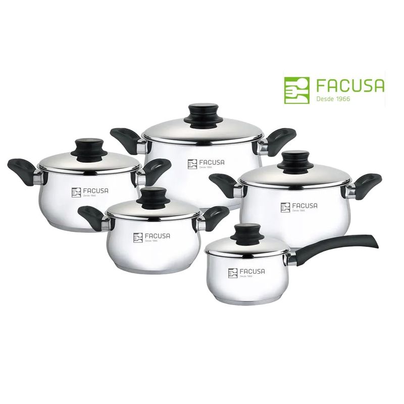 FACUSA - Juego de ollas 10 Piezas  Acero Inoxidable con tapa de vidrio Facusa
