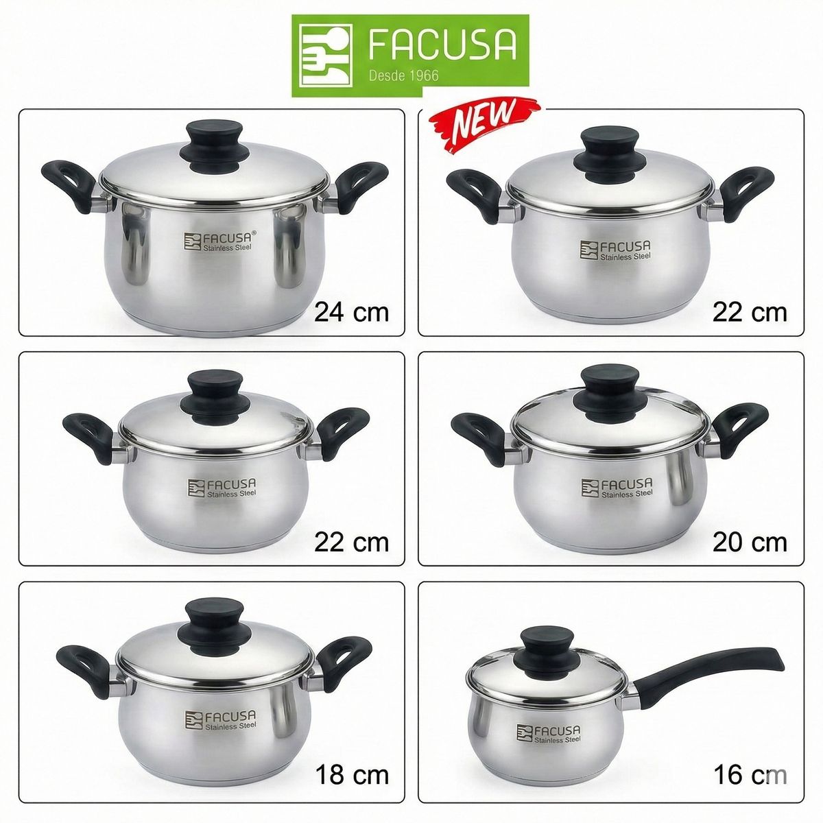 FACUSA - Juego de ollas 10 Piezas  Acero Inoxidable con tapa de acero  Facusa