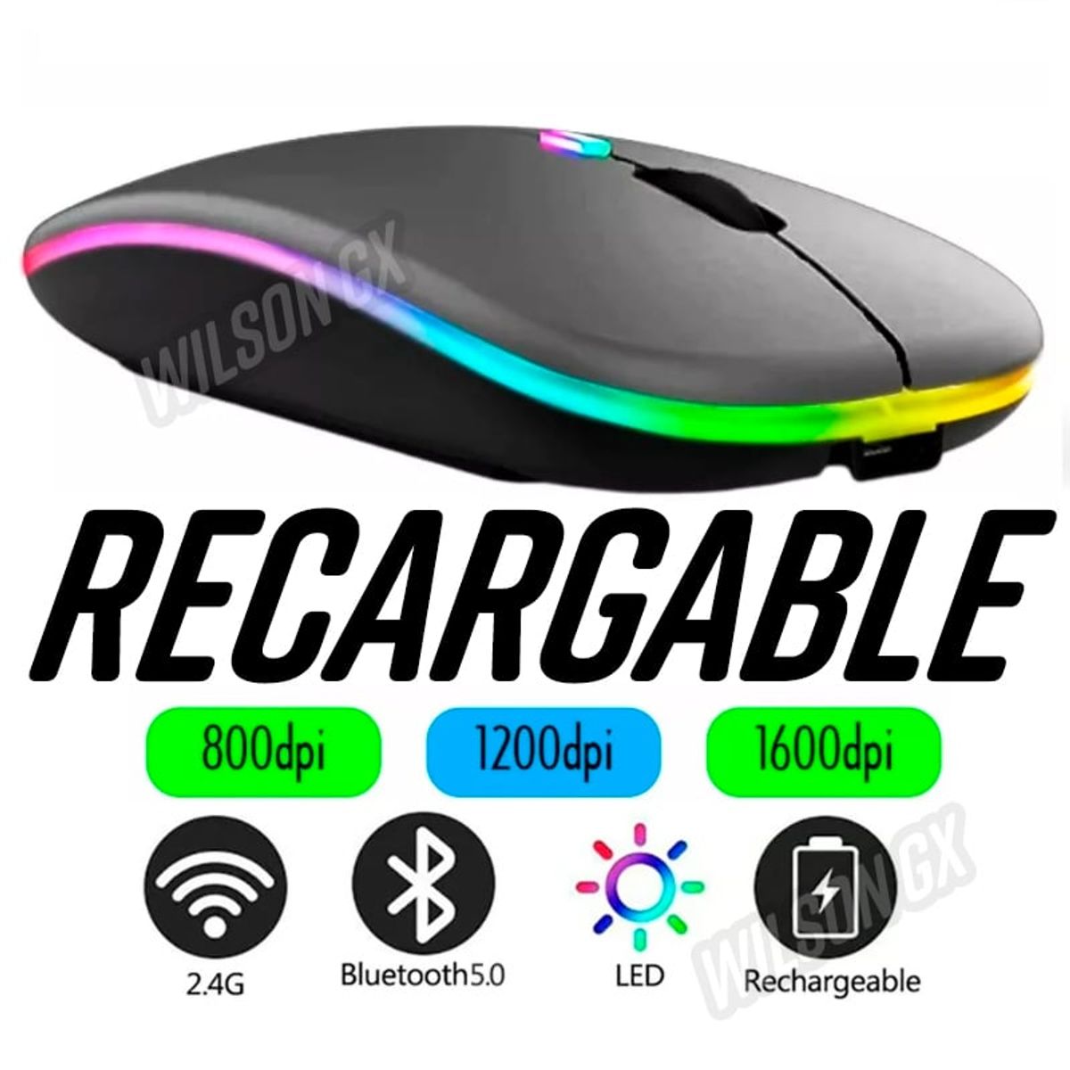GENERICO - Mouse Inalámbrico Recargable Luces RGB USB Plateado