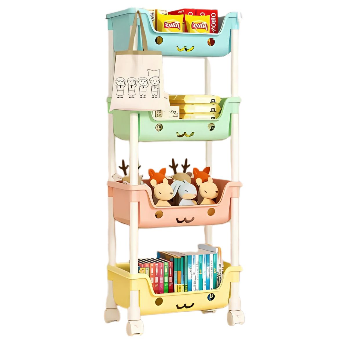 GENERICO - Estante Organizador de Juguetes Kawaii de 4 Niveles con Ruedas