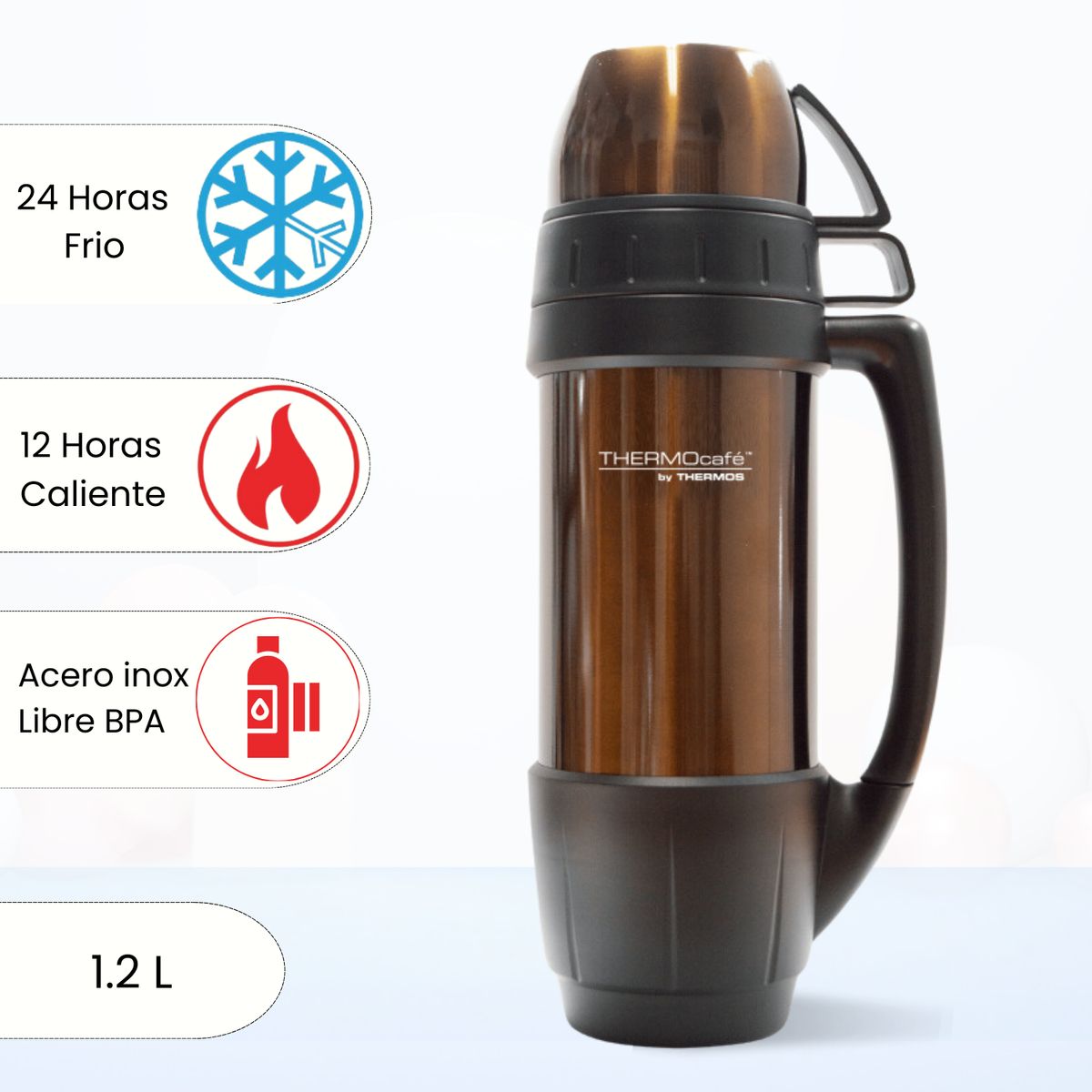 THERMOS - Termo de Bebida con 2 Taza 1.2 Lt Café