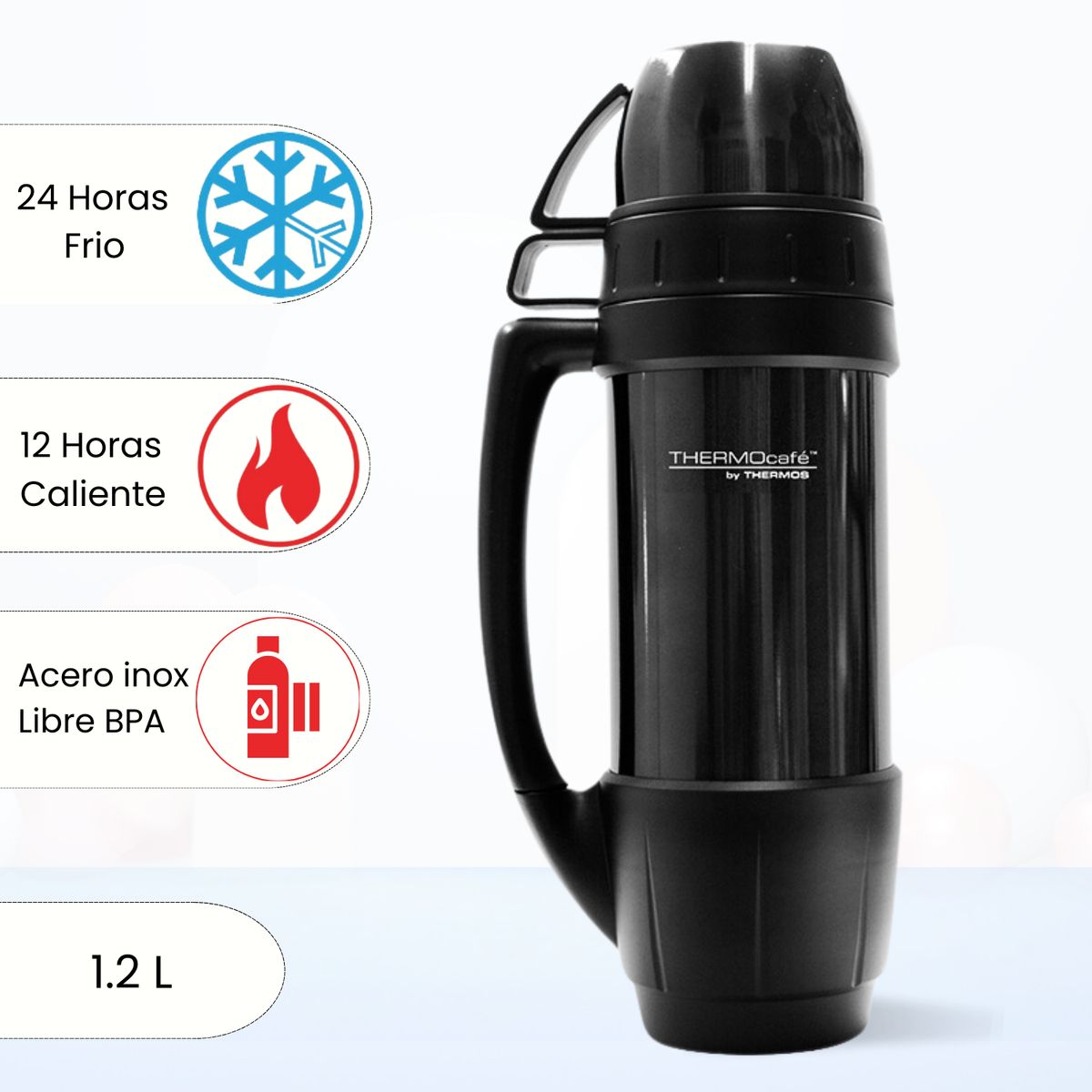 THERMOS - Termo de Bebida con 2 Taza 1.2 Lt Negro