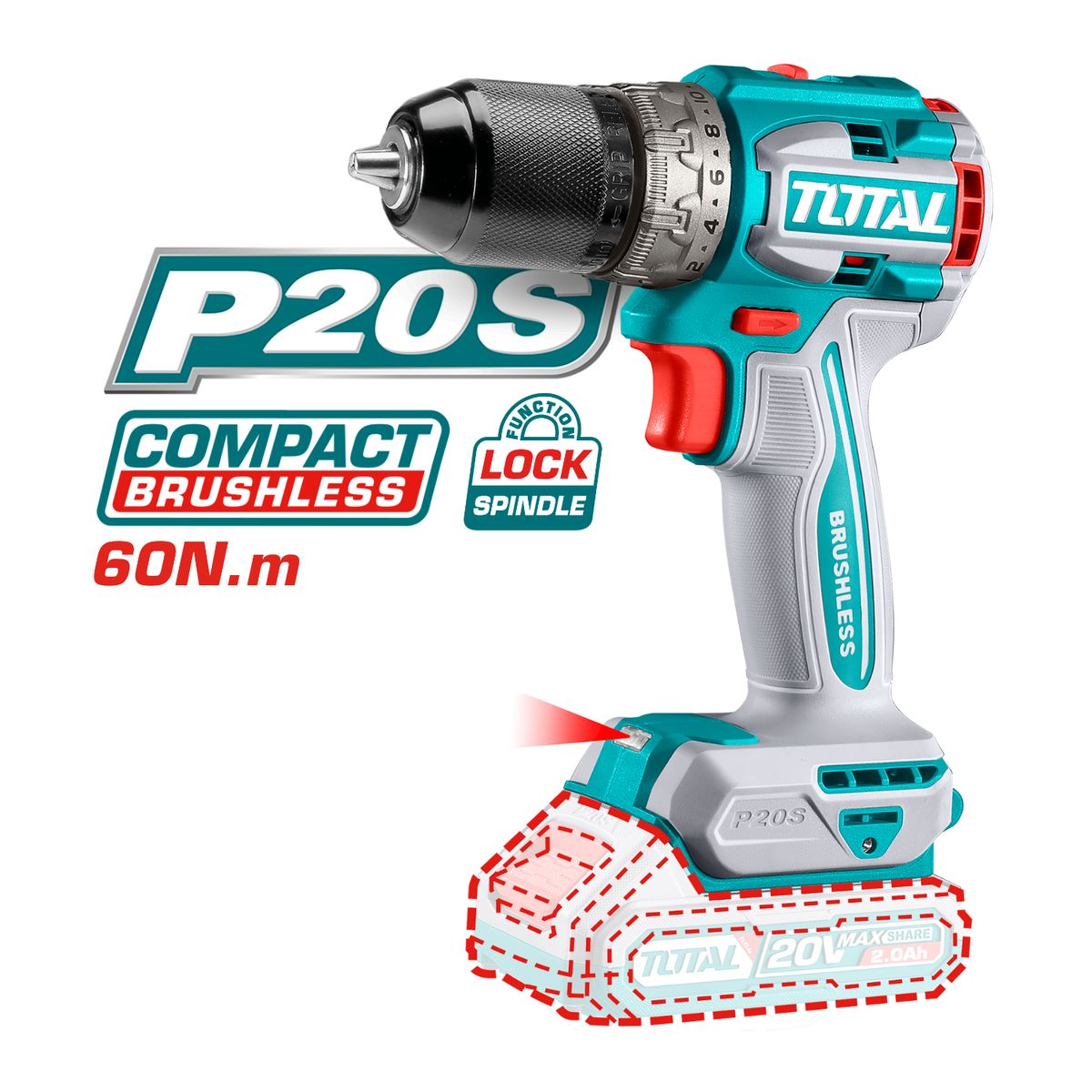 TOTAL TOOLS - Taladro atornillador 60nm chuck metalico 20v Total