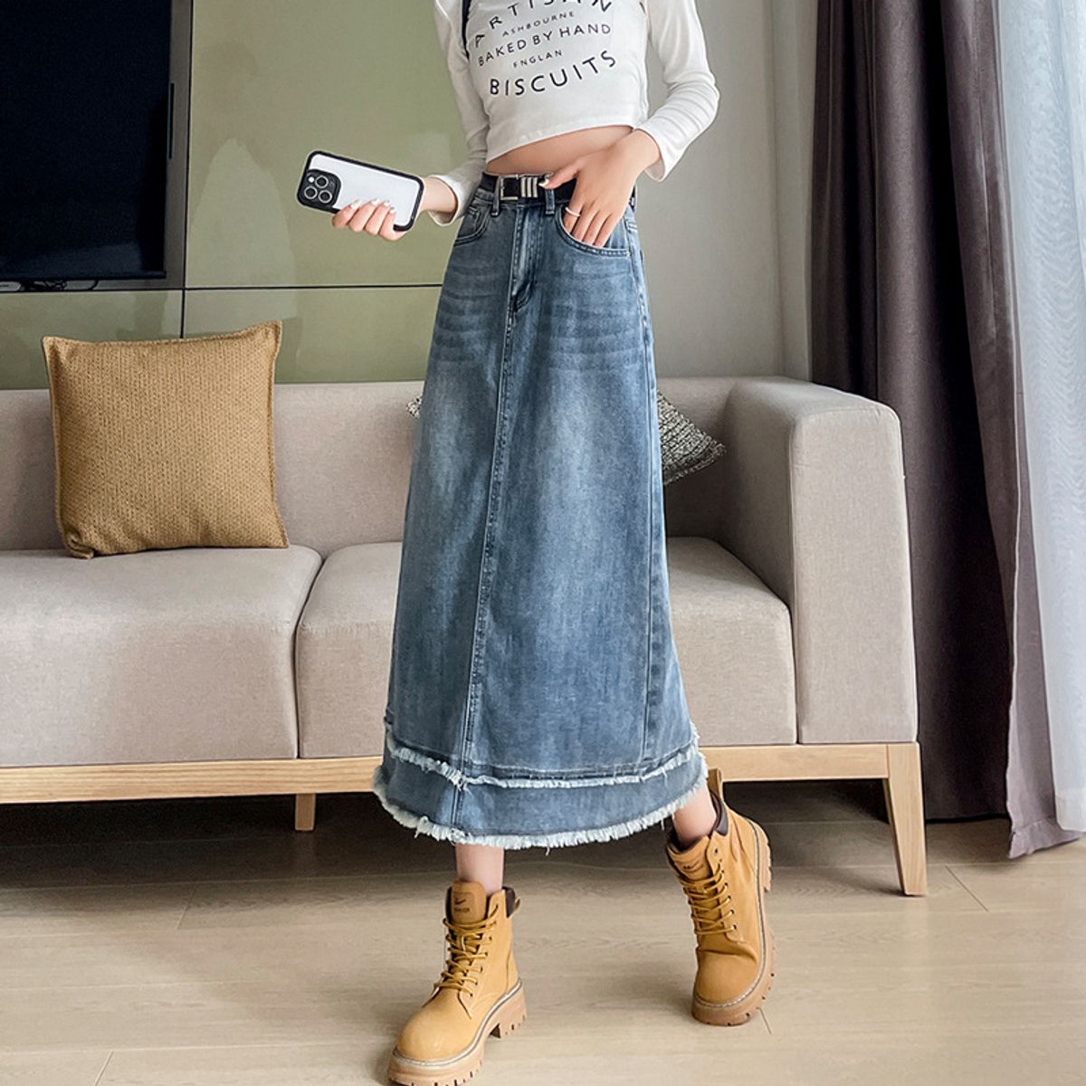 BLWOENS - Falda vaquero de medio busto para mujeres en verano - Azul