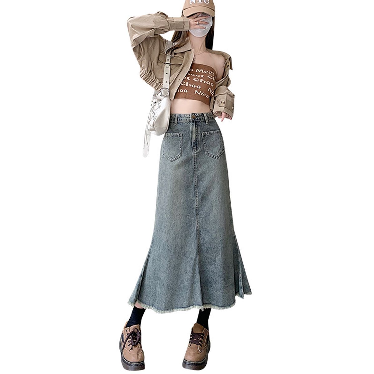 BLWOENS - Falda vaquero de medio busto para mujeres en verano - Azul